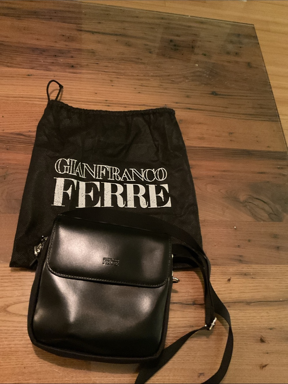 Gianfranco Ferre Black Leather Messenger Crossbody Bag